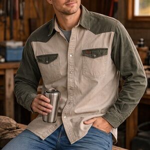 Carhartt Men's Large Pearl Snap Heavy Twill Shirt - Olive and Beige